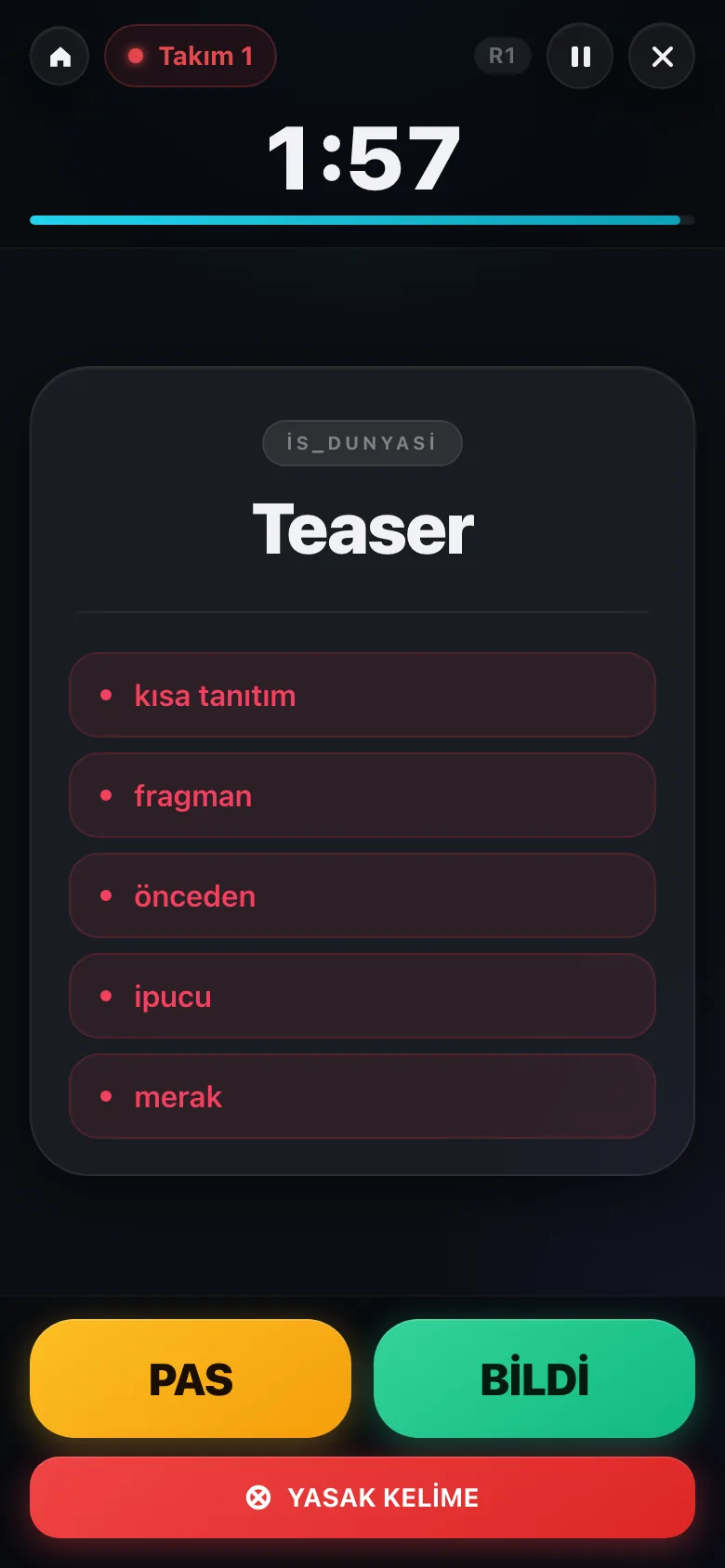 Kelimoji oyun ekranı: “Teaser” kelimesi ve altında beş yasak sözcük — kısa tanıtım, fragman, önceden, ipucu, merak. Üstte kalan süre sayacı.