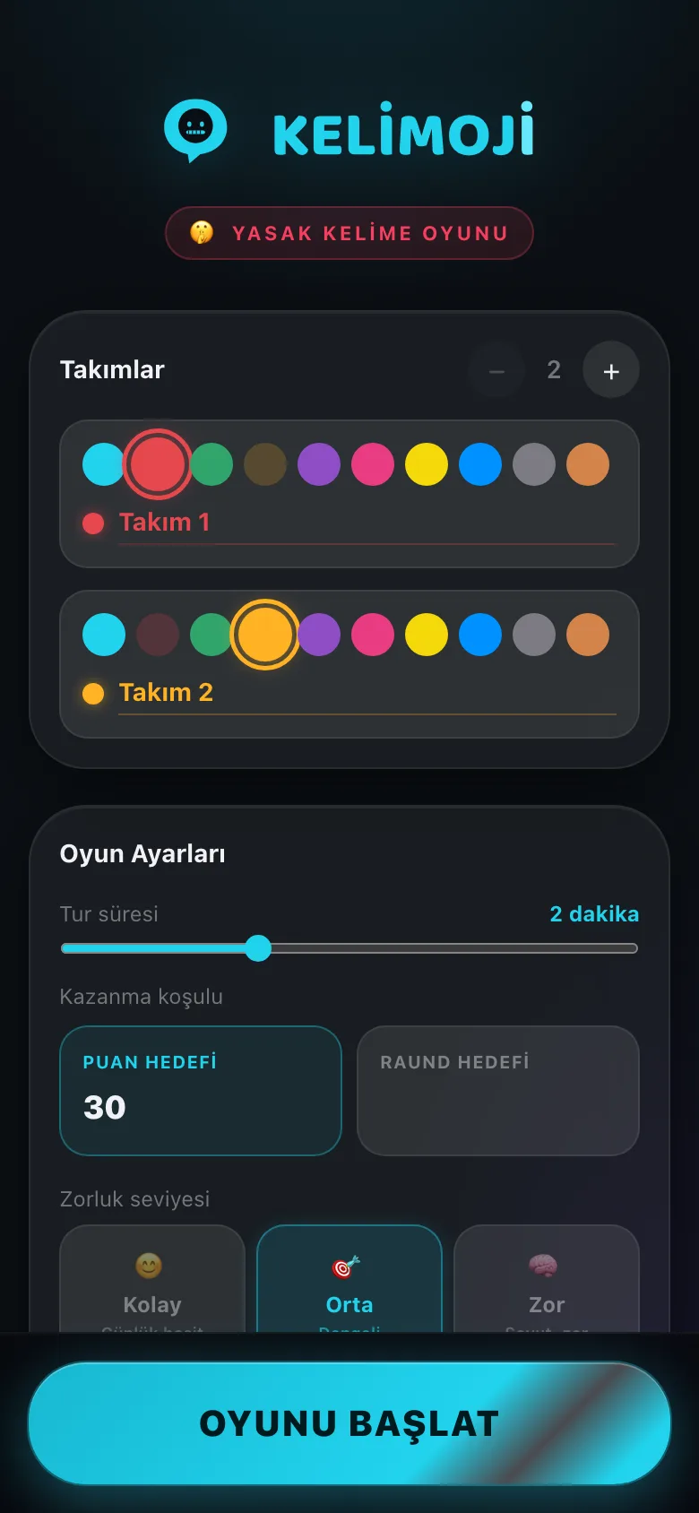 Kelimoji kurulum ekranı: iki takım, takım renkleri, tur süresi ve puan hedefi.