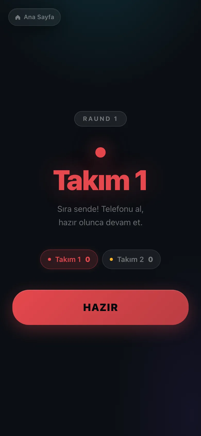 Kelimoji tur geçiş ekranı: “Sıra sende! Telefonu al, hazır olunca devam et.” ve iki takımın skoru.
